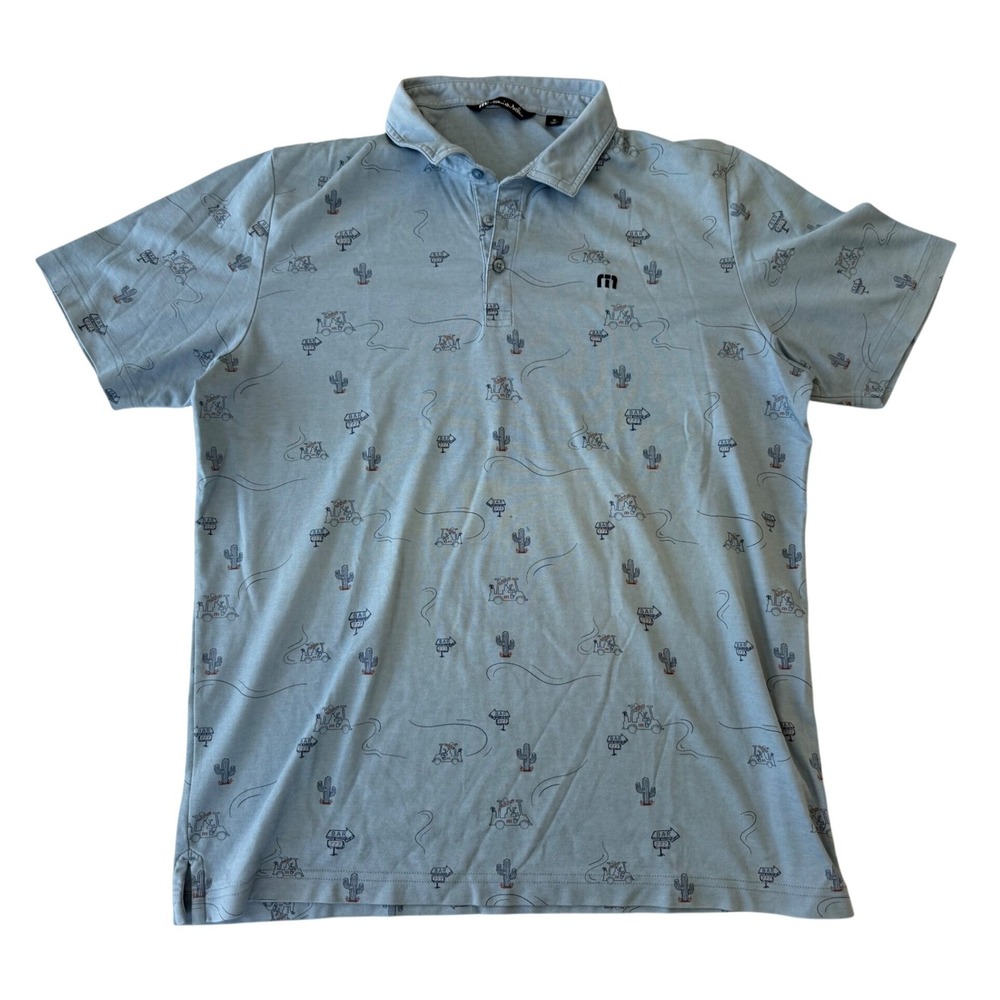 Travis Mathew Polo Shirt Mens XL Blue Desert Golf Cart Cactus Print Pique Travel